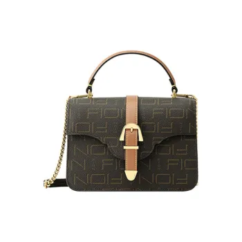 FION Coated Canvas Shoulder Bag Crossbody Bag Handbag Small Size Women's Coffee & Tea Brown