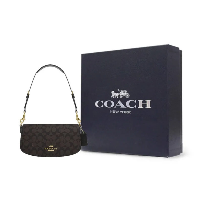 COACH PVC With Leather Handbag, Shoulder Bag Medium Size Women's Walnut & Black-6