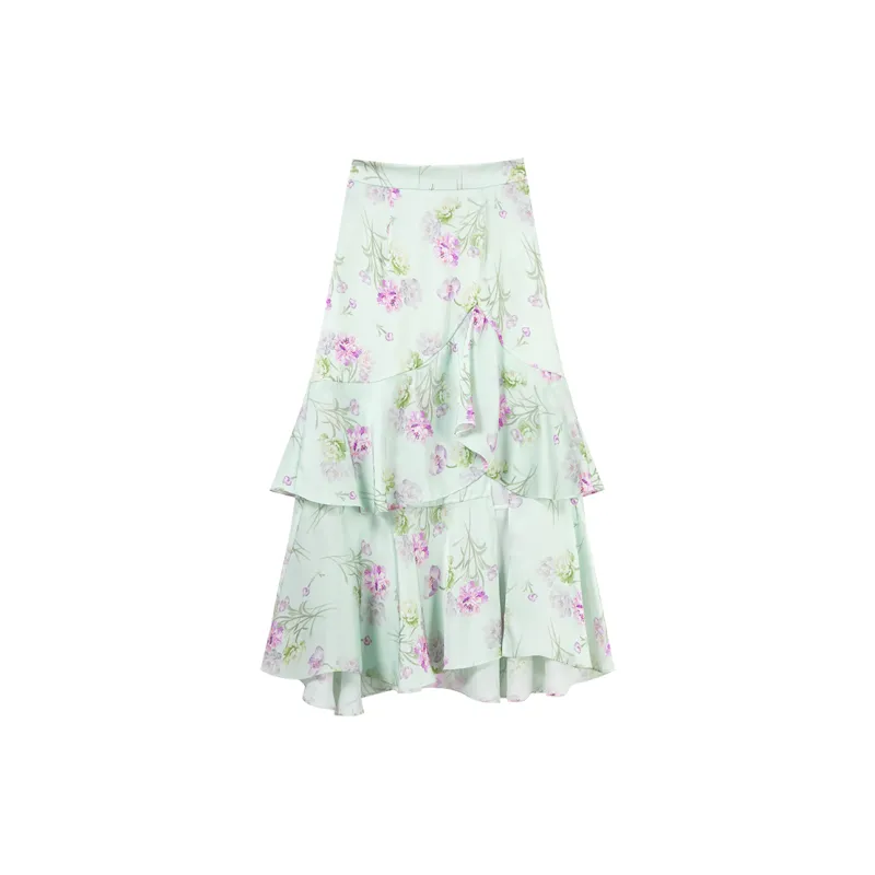 COCOON Garden Resort Premium Hem Slit Design Vintage Ruffles Casual Long Skirt Women's Jacquard-1