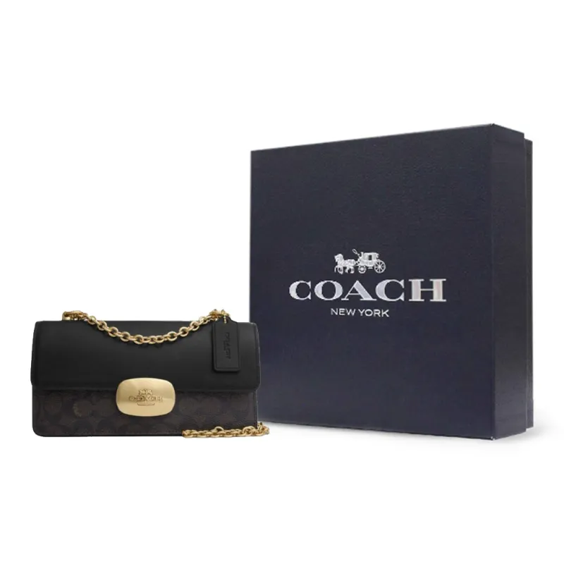 COACH Eliza Coated Canvas With Smooth Leather Shoulder Bag, Crossbody Bag Medium Size Women's Walnut Wood & Black-8