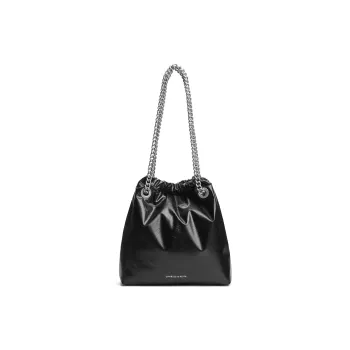 CHARLES&KEITH PU Bucket Bag, Hobo Bag, Shoulder Bag Medium Size Women's Noir Black/Cream Milk White/Pewter Tin Gray