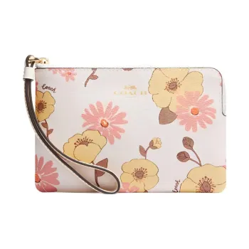 COACH Corner Zip Canvas With Leather Mahjong Bag With Canvas And Leather Clutch Small Size Women's White