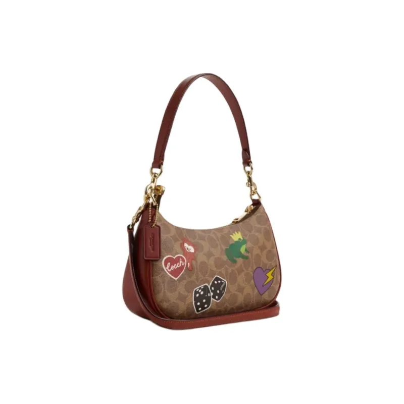 COACH Teri Coated Canvas With Leather Handbag Shoulder Bag Medium Size Women's Tan Multicolor-1