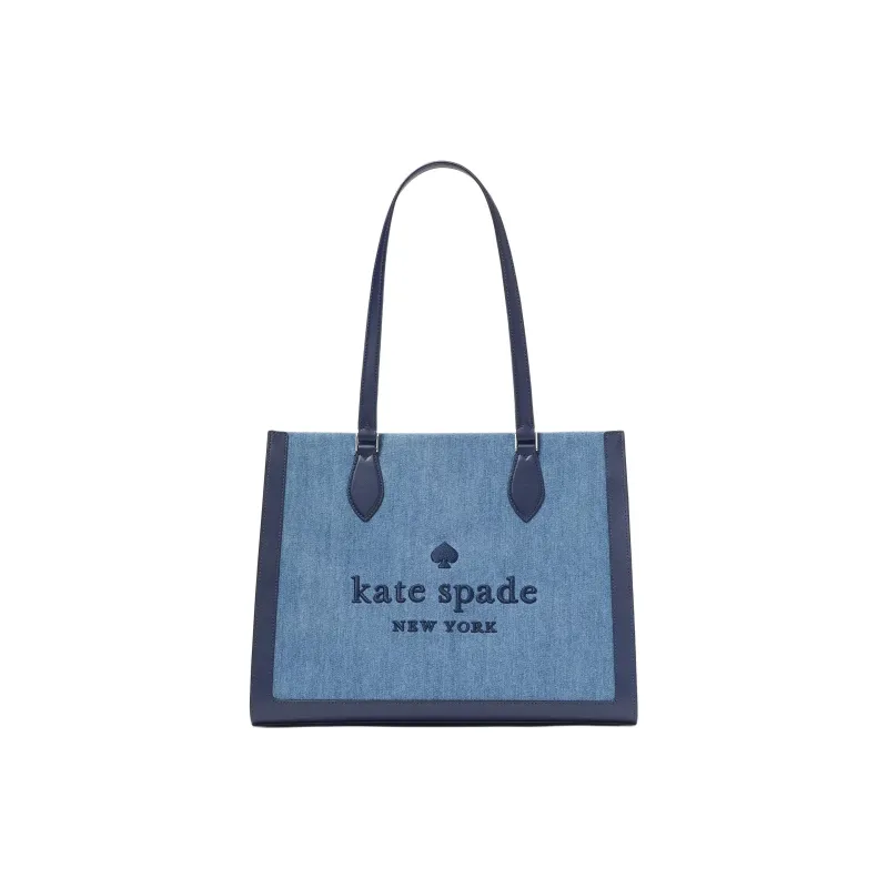 Kate Spade Denim With Leather Tote Bag Shopping Bag Shoulder Bag Handbag Large Size Women's Blue Multicolor-0