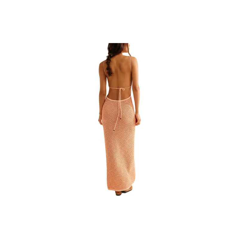 FREE PEOPLE Mindy Backless Midi Sleeveless Dress Women's Melon Combo/Cantaloupe Color Combo-1