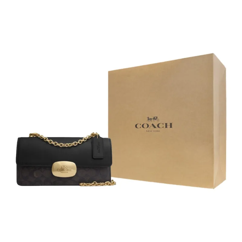 COACH Eliza Coated Canvas With Smooth Leather Shoulder Bag, Crossbody Bag Medium Size Women's Walnut Wood & Black-6
