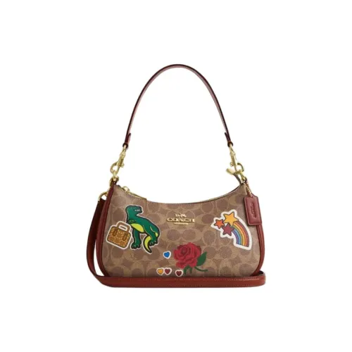 COACH Teri Coated Canvas With Leather Handbag Shoulder Bag Medium Size Women's Tan Multicolor