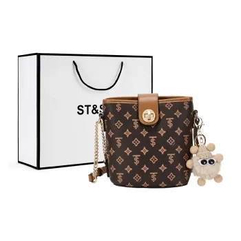 ST&SAT PVC With Synthetic Leather Bucket Bag, Shoulder Bag, Crossbody Bag Regular Women's Coffee/Apricot