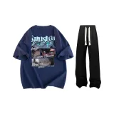 Set (Navy Blue Short-Sleeved+Black Casual Pants)