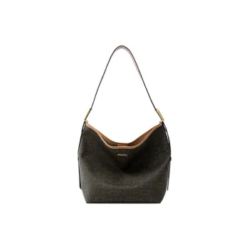 FION Coated Canvas Bucket Handbag Shoulder Bag Medium Size Women's Dark Coffee Brown
