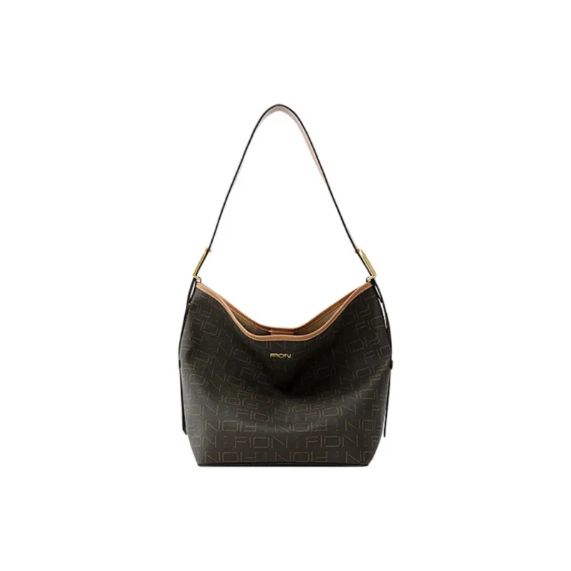 FION Coated Canvas Bucket Handbag, Shoulder Bag Medium Size Women's Dark Coffee Brown-0