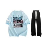 Set (Light Blue Short-Sleeved+Black Casual Pants)