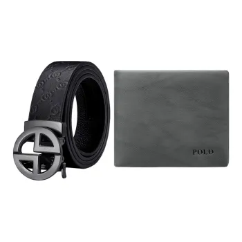 POLO Top Grain Cow Leather Men's Belt Set Men's Gunmetal Width 3.4cm