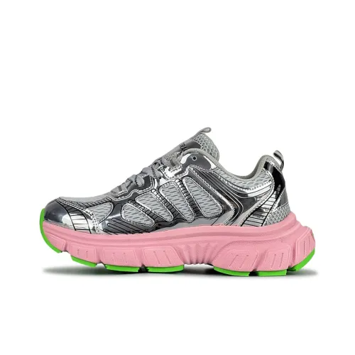 LuzaoT SUPER DRAG Chunky Sneakers Unisex Low-Top Silver/Pink/Green