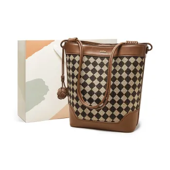 15 MINS Fabric, Synthetic Leather Bucket Bag, Shoulder Bag Large Size Women's Coffee