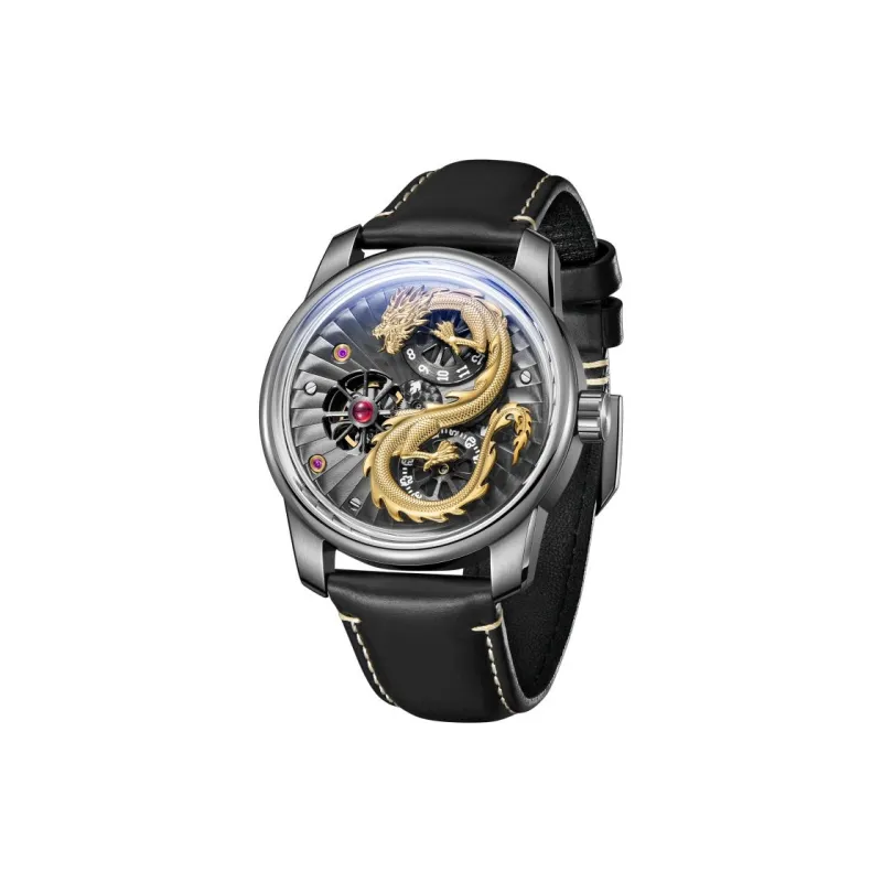 OBLVLO Automatic Mechanical Movement Genuine Leather Strap Watch Men's Watches Black Dial-6