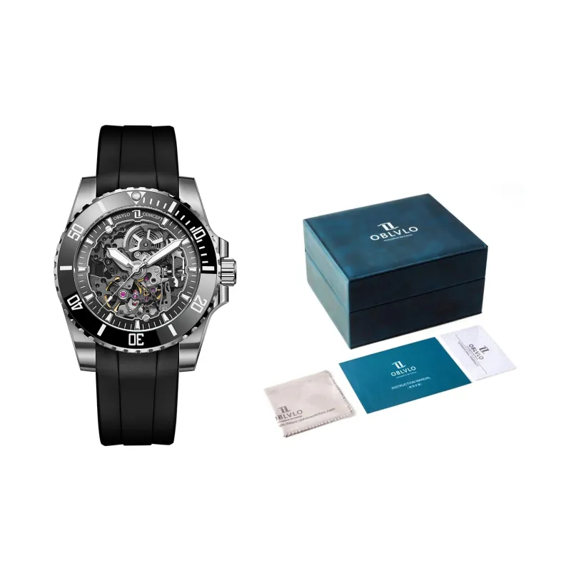 OBLVLO Automatic Mechanical Movement Rubber Strap Watch Men's Watches Black Dial-1