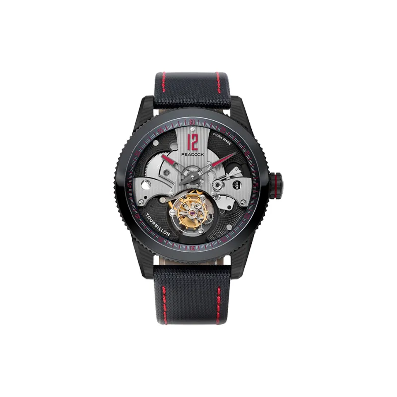PEACOCK CLASSIC Collection Manual Mechanical Movement Leather Strap Watch Men's Watches Black Dial P501 4 Red-0