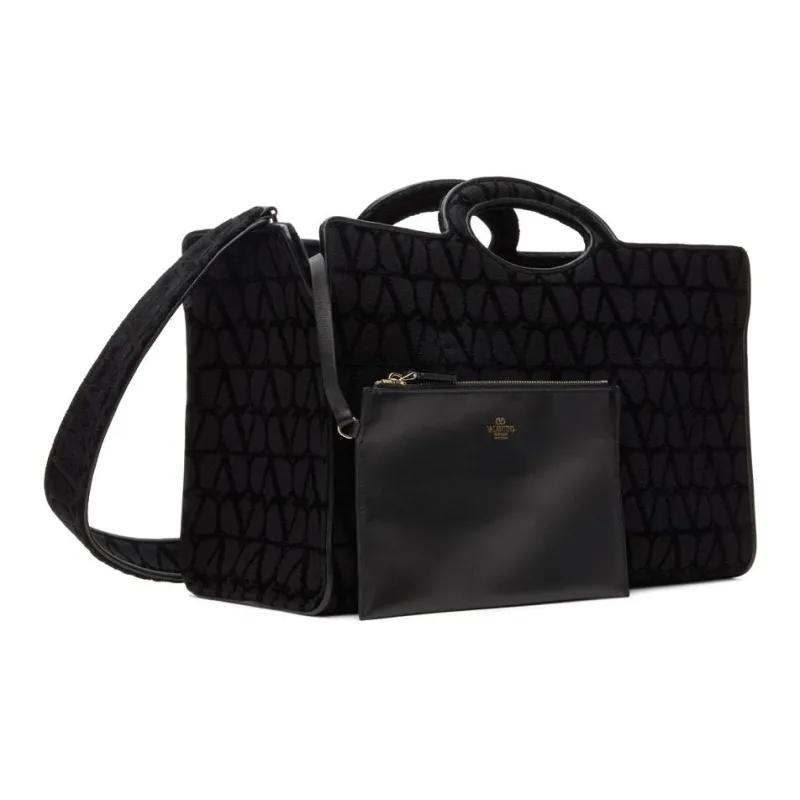 Valentino Le Troisième Leather Tote Bag Shopping Bag One Shoulder Crossbody Canvas Bag Handbag Men Black-1