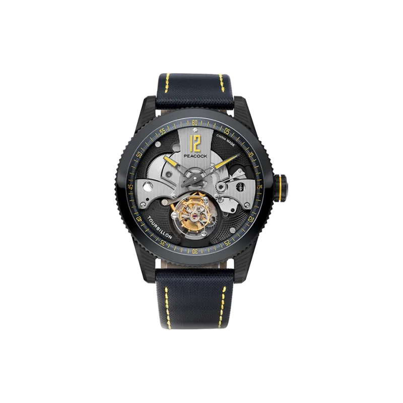 PEACOCK CLASSIC Collection Manual Mechanical Movement Leather Strap Watch Men's Watches Black Dial P501 4 Red-1