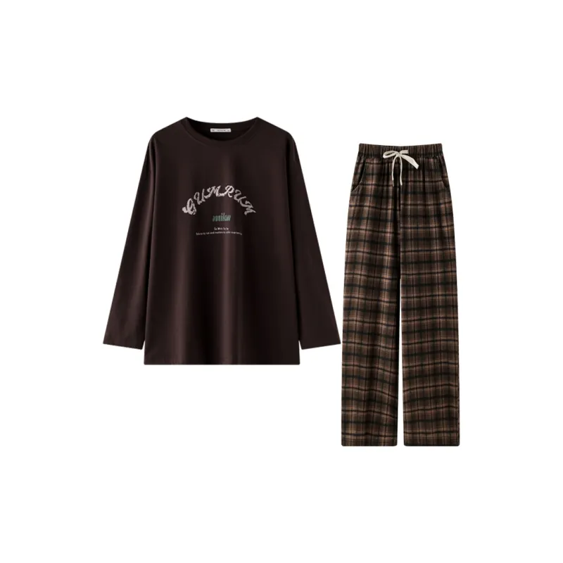 MEITENG Pajama Set Spring And Fall Season Women's Red Brown-0