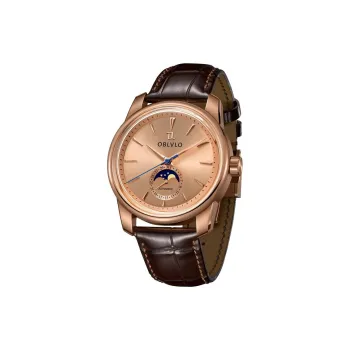OBLVLO Automatic Mechanical Movement Genuine Leather Strap Watch Men's Watches Gold Dial