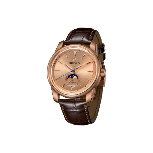 OBLVLO Automatic Mechanical Movement Genuine Leather Strap Watch Men's Watches Gold Dial