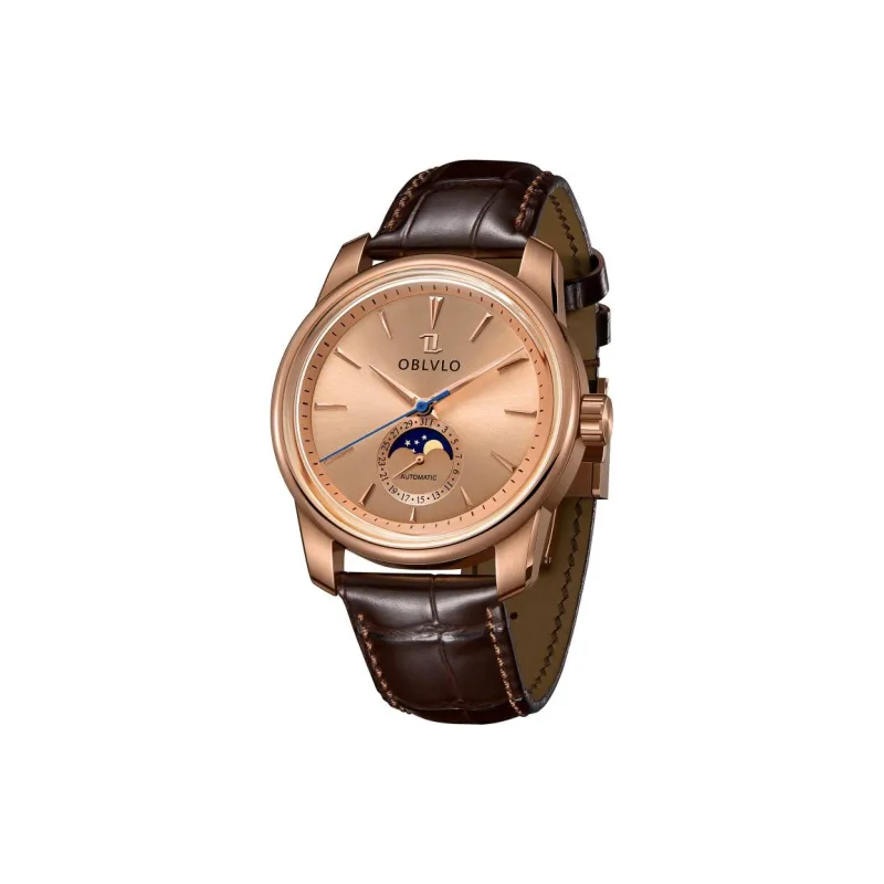 OBLVLO Automatic Mechanical Movement Genuine Leather Strap Watch Men's Watches Gold Dial-0