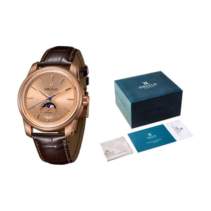 OBLVLO Automatic Mechanical Movement Genuine Leather Strap Watch Men's Watches Gold Dial-1