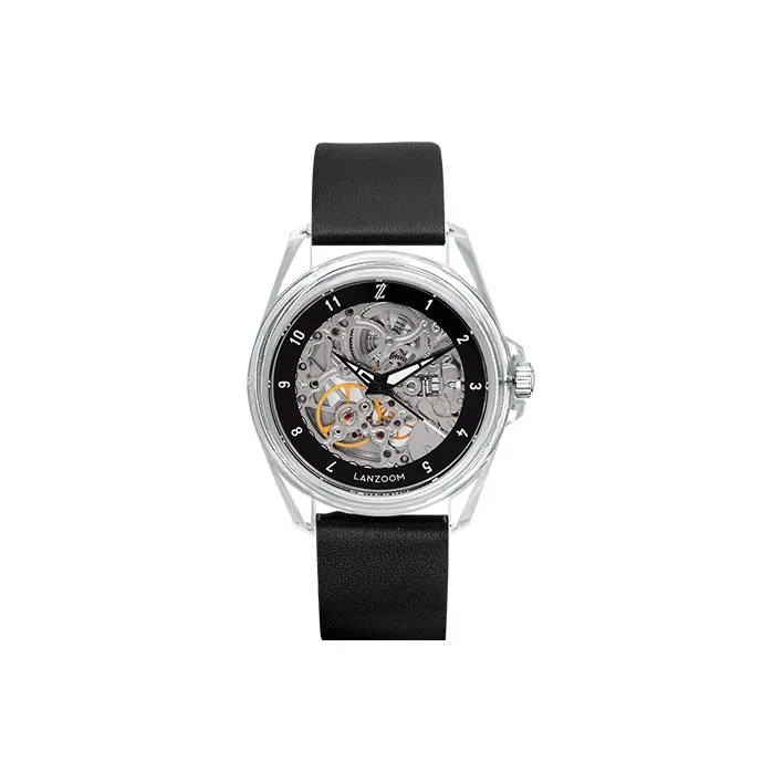 LANZOOM Mechanical Movement Unisex Watch 34mm Cut Out Dial Resin Case Genuine Leather Strap Menden01&Nidda02-1