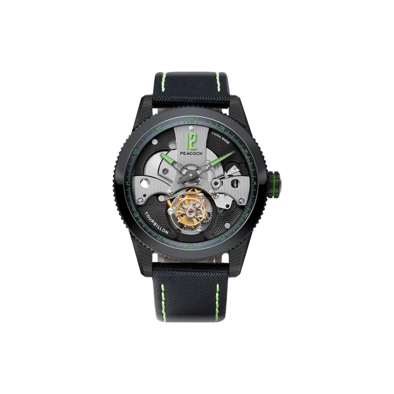 PEACOCK CLASSIC Collection Manual Mechanical Movement Leather Strap Watch Men's Watches Black Dial P501 4 Red-3