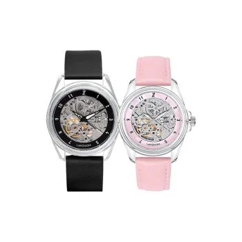 LANZOOM Mechanical Movement Unisex Watch 34mm Cut Out Dial Resin Case Genuine Leather Strap Menden01&Nidda02
