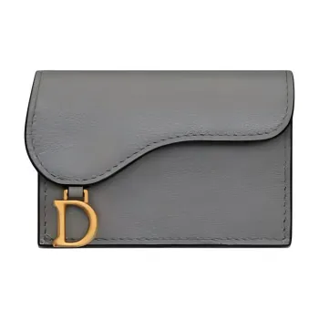DIOR Saddle Goatskin Flap Card Holder Wallet Women's Gray