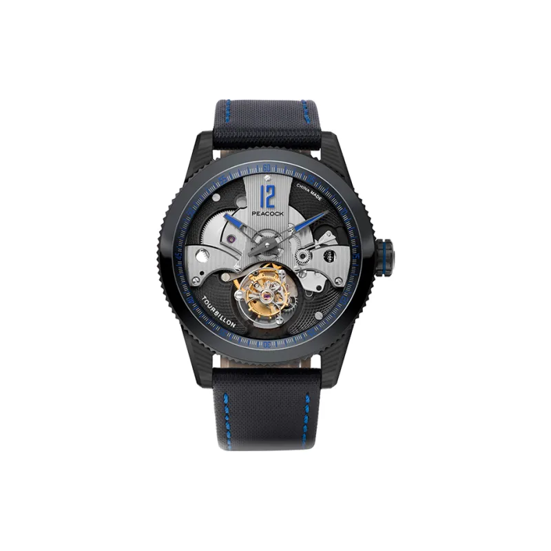 PEACOCK CLASSIC Collection Manual Mechanical Movement Leather Strap Watch Men's Watches Black Dial P501 4 Red-2