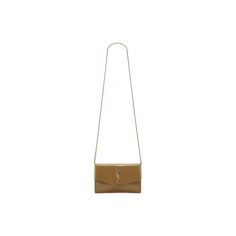 SAINT LAURENT Patent Leather Crossbody Bag, Shoulder Bag Women's Khaki-1