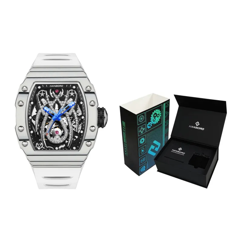 HANBORO Mechanical Movement Rubber Strap Watch Men's Watches White Dial HBR922.3-1