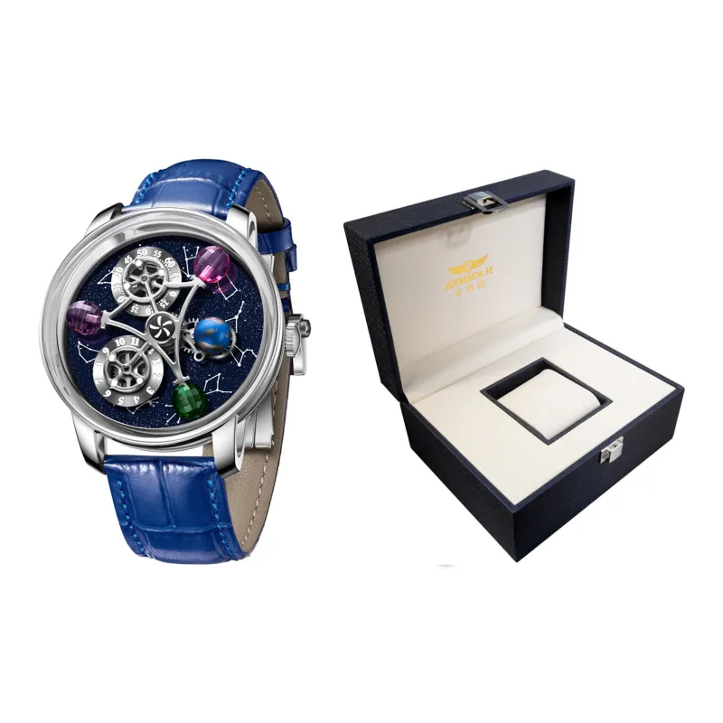 HAEMMER Automatic Mechanical Movement Genuine Leather Strap Men's Watches Cut Out Dial-8