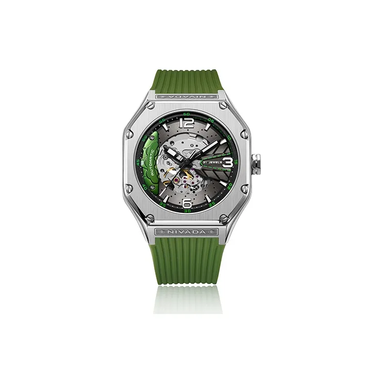 NIVADA Automatic Mechanical Movement Unisex Watch Cut Out Dial Stainless Steel Watch Case Silicone Strap-0