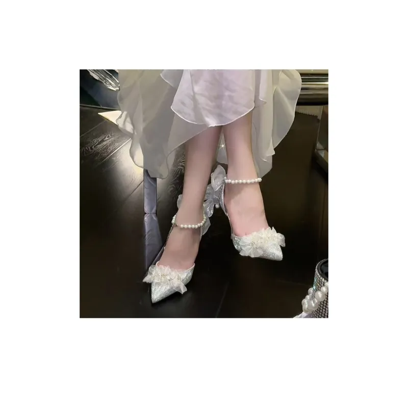 Crelinkxlat [Glaze Starlight]Pearl Bowknot, Crystal Shoes Wedding Shoes High Heels, Women's-24
