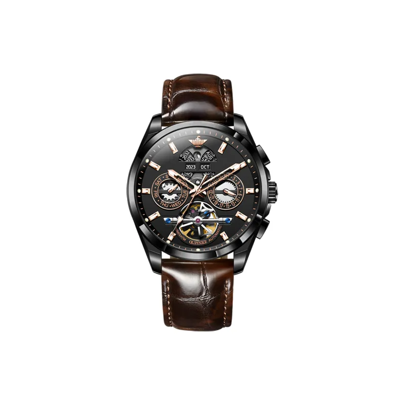 Oupinke Mechanical Movement Genuine Leather Strap Watch Unisex Black Dial OPK.BD-9