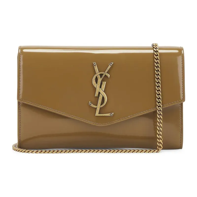 SAINT LAURENT Patent Leather Crossbody Bag, Shoulder Bag Women's Khaki-0