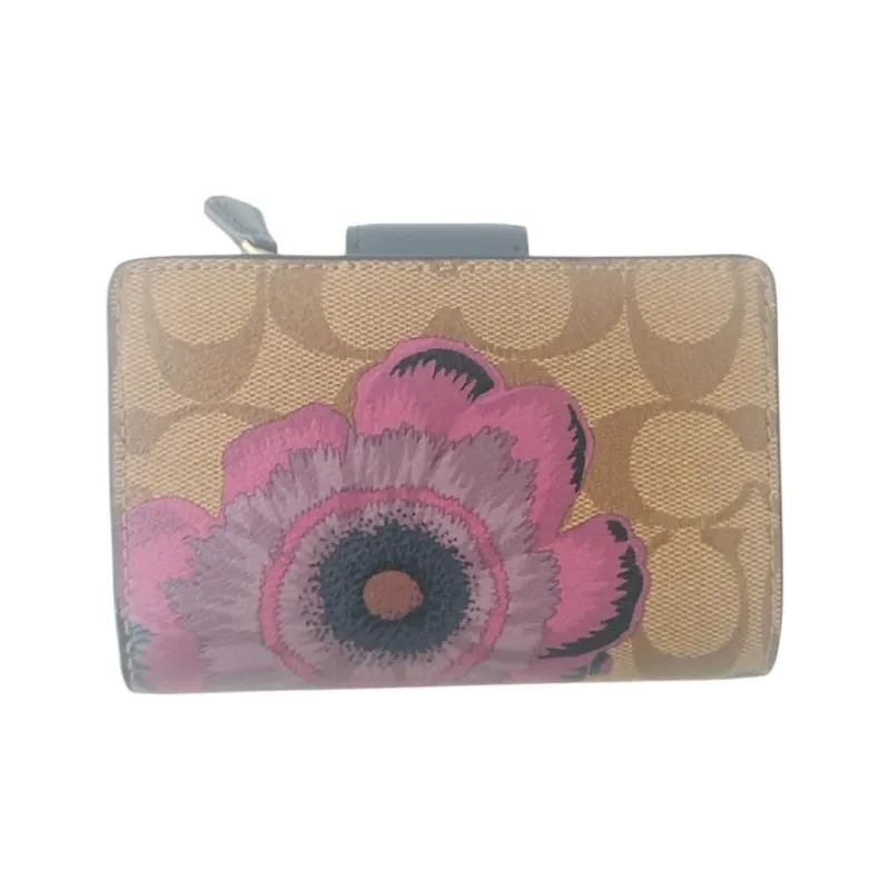 COACH Corner Zip Canvas With Leather Document Bag, Card Holder, Wallet Medium Size Women's Multicolor-2