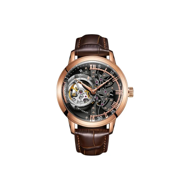 OBLVLO Automatic Mechanical Movement Genuine Leather Strap Watch Men's Watches Black Dial-0