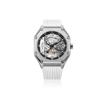 NIVADA Automatic Mechanical Movement Unisex Watch Cut Out Dial Stainless Steel Watch Case Silicone Strap