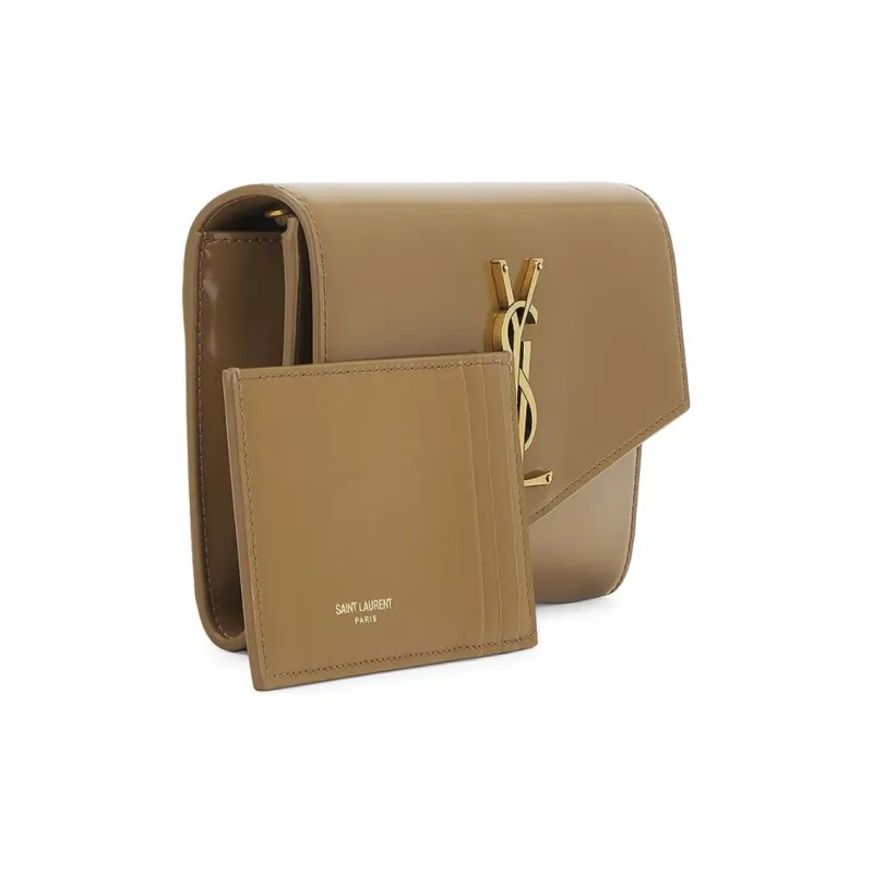 SAINT LAURENT Patent Leather Crossbody Bag, Shoulder Bag Women's Khaki-2