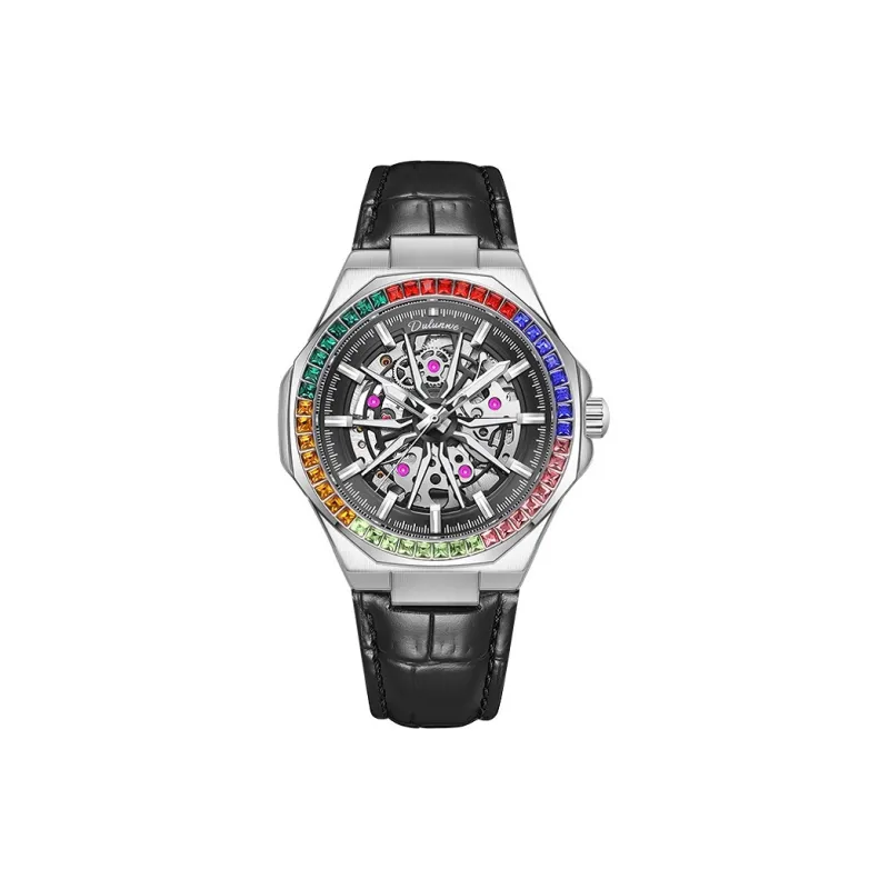 Dulunwe Automatic Mechanical Movement Cowhide Strap Watch Men Cut Out Dial-1