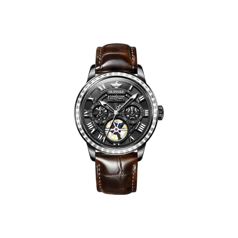 Oupinke Mechanical Movement Genuine Leather Strap Watch Unisex Black Dial OPK.BD-10
