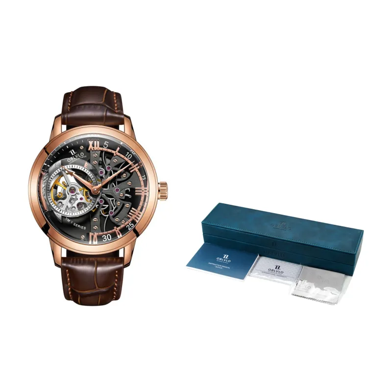 OBLVLO Automatic Mechanical Movement Genuine Leather Strap Watch Men's Watches Black Dial-1