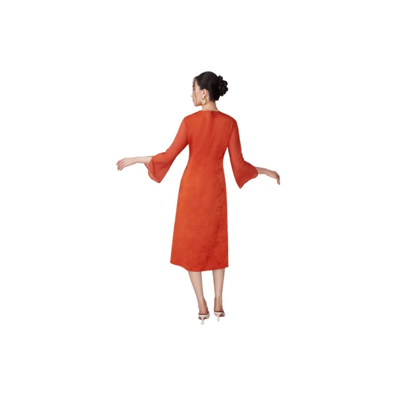 BBLLUUEE Long Sleeved Dress Women's Wind Dye Red-1