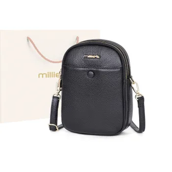 MILLIE'S Cow Leather With Synthetic Leather Cell Phone Pouch, Shoulder Bag, Crossbody Bag Small Size Women's Black